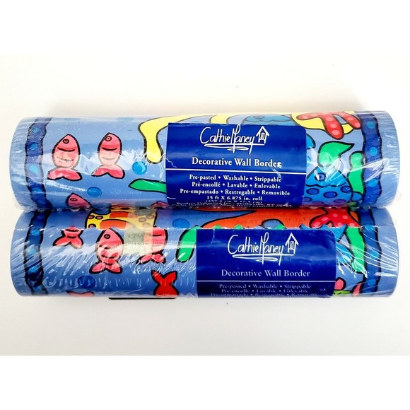 Vtg Wallpaper Border Southern Seas Fish Ocean Life Blue Cathie Money Lot x2 NEW!